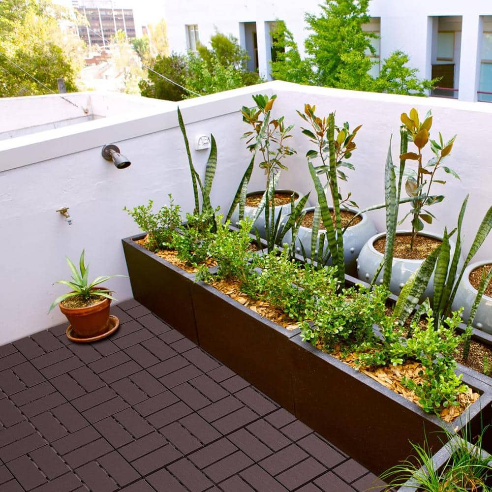 Afoxsos 12 ft. x 12 ft. Plastic Interlocking Deck Tiles Waterproof in Dark Brown (9 Per Pack)