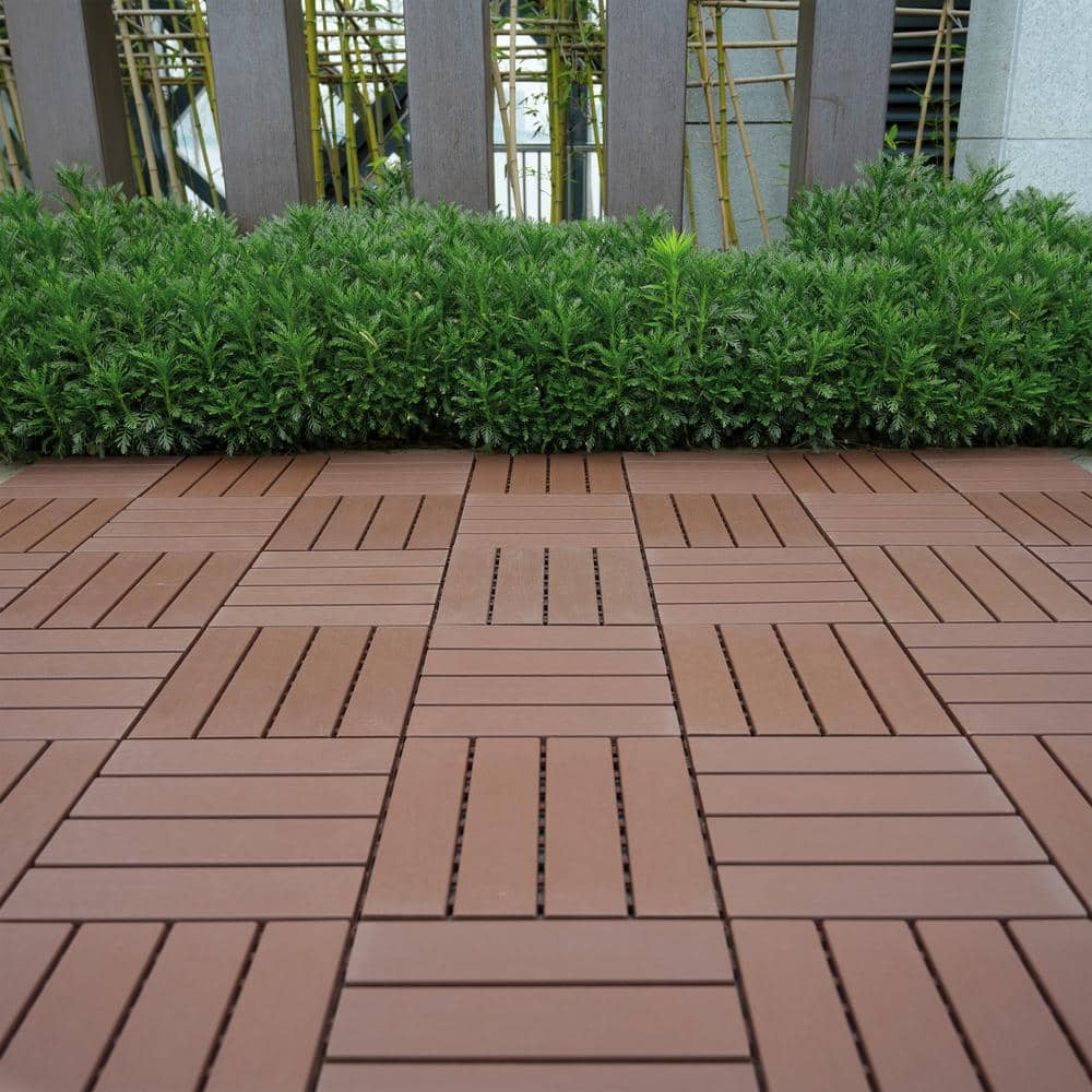 0.98 ft. W x 0.98 ft. L Plastic Interlocking Deck Tiles Square Waterproof Outdoor Floor Use in Dark Brown (44-Pack)
