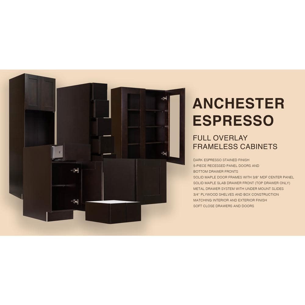 LIFEART CABINETRY Anchester Assembled 24x36x15 in. Wall Diagonal Corner Cabinet with 1 Door 2 Shelves in Dark Espresso
