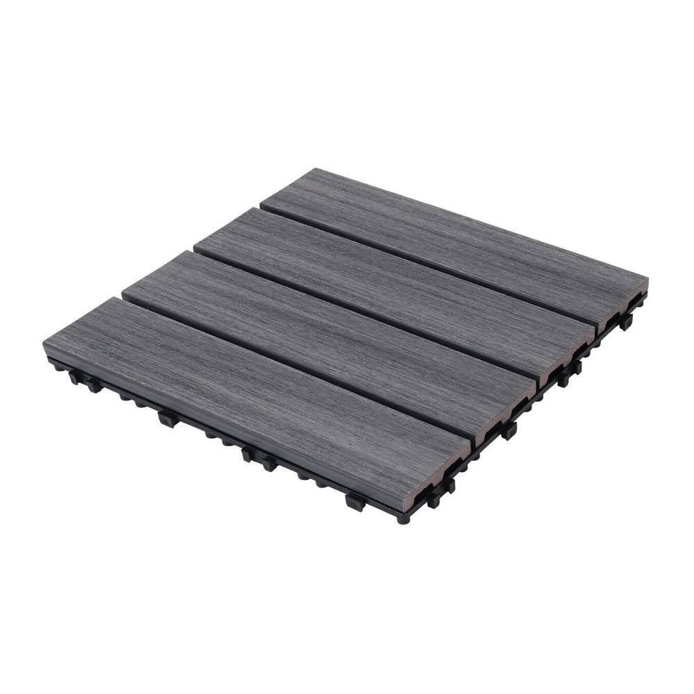 GOGEXX 11.8 in. W x 11.8 in. L Outdoor Striped Pattern WPC Composite Interlocking Flooring Deck Tiles (Set of 22) in Dark Gray