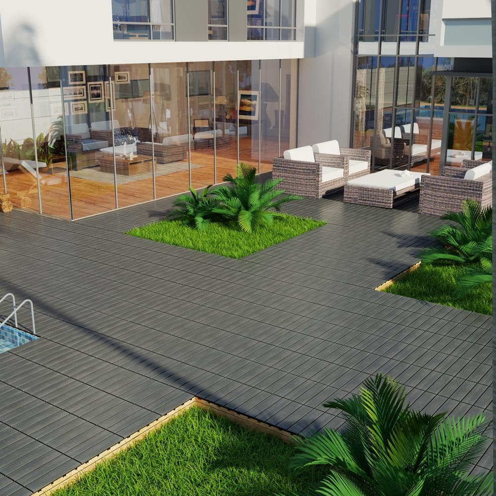 GOGEXX 11.8 in. W x 11.8 in. L Outdoor Striped Pattern WPC Composite Interlocking Flooring Deck Tiles (Set of 22) in Dark Gray