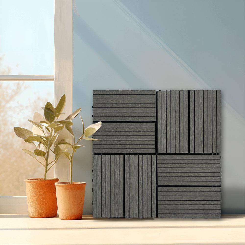 Afoxsos 1 ft. x 1 ft. Dark Grey Plastic Composite Deck Tiles Set, All-Weather for Indoor and Outdoor (20-Pack)