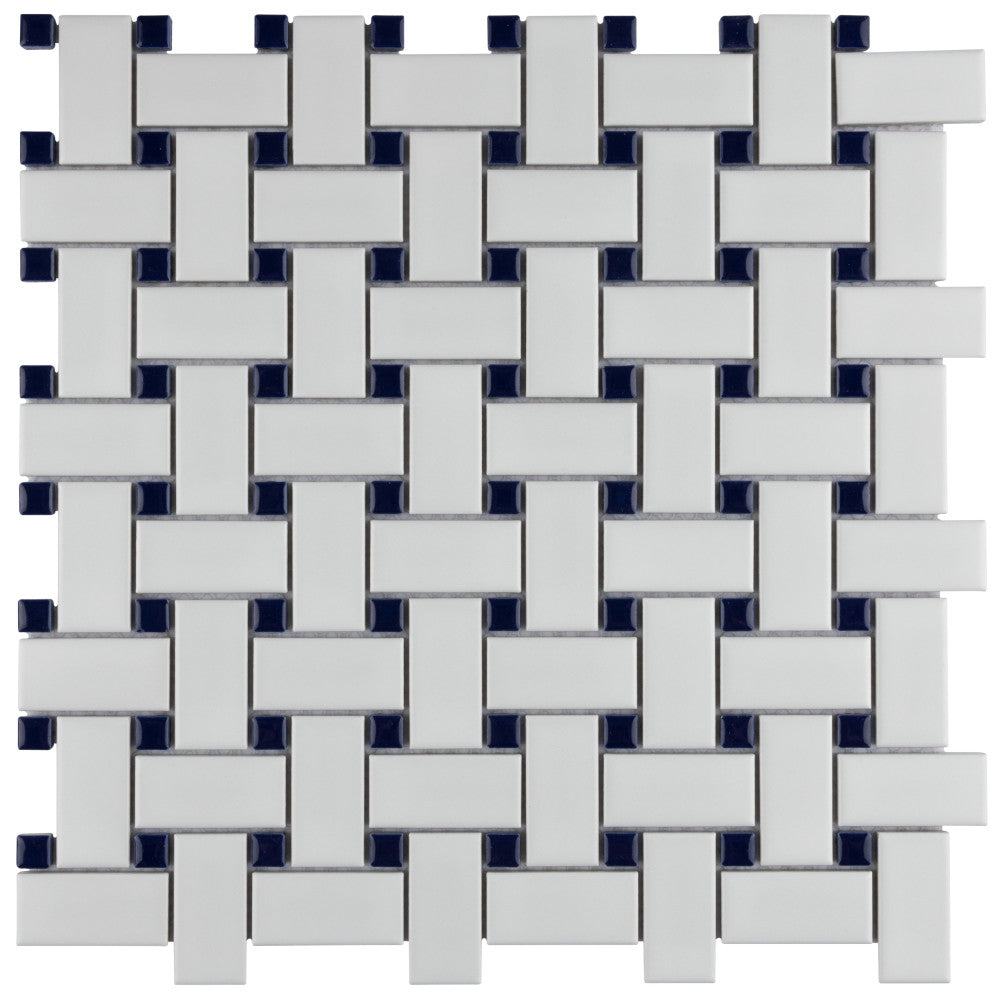 Merola Tile Metro Basketweave Matte White with Cobalt Dot 11-3/4 in. x 11-3/4 in. Porcelain Mosaic Tile (19.58 sq. ft./Case)