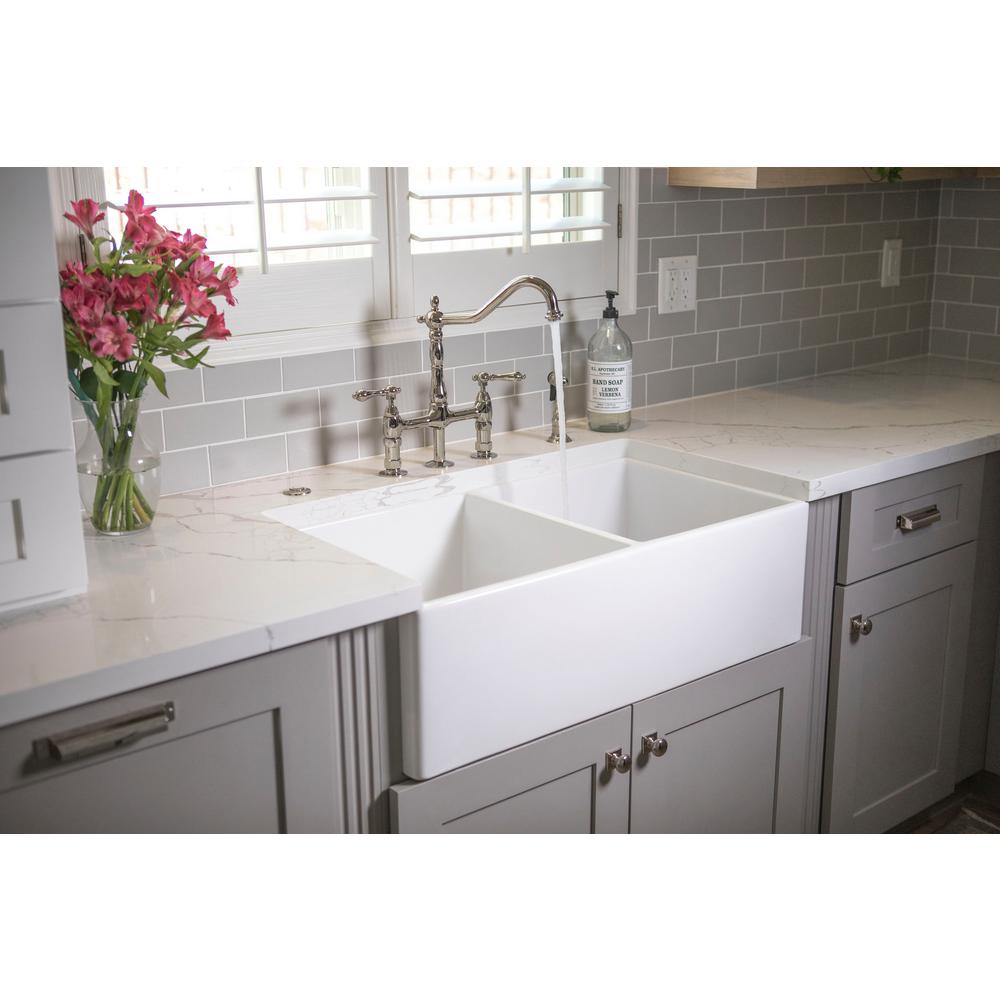 Brooks II Farmhouse/Apron-Front Fireclay 33 in. 50/50 Double Bowl Kitchen Sink in Crisp White - Super Arbor