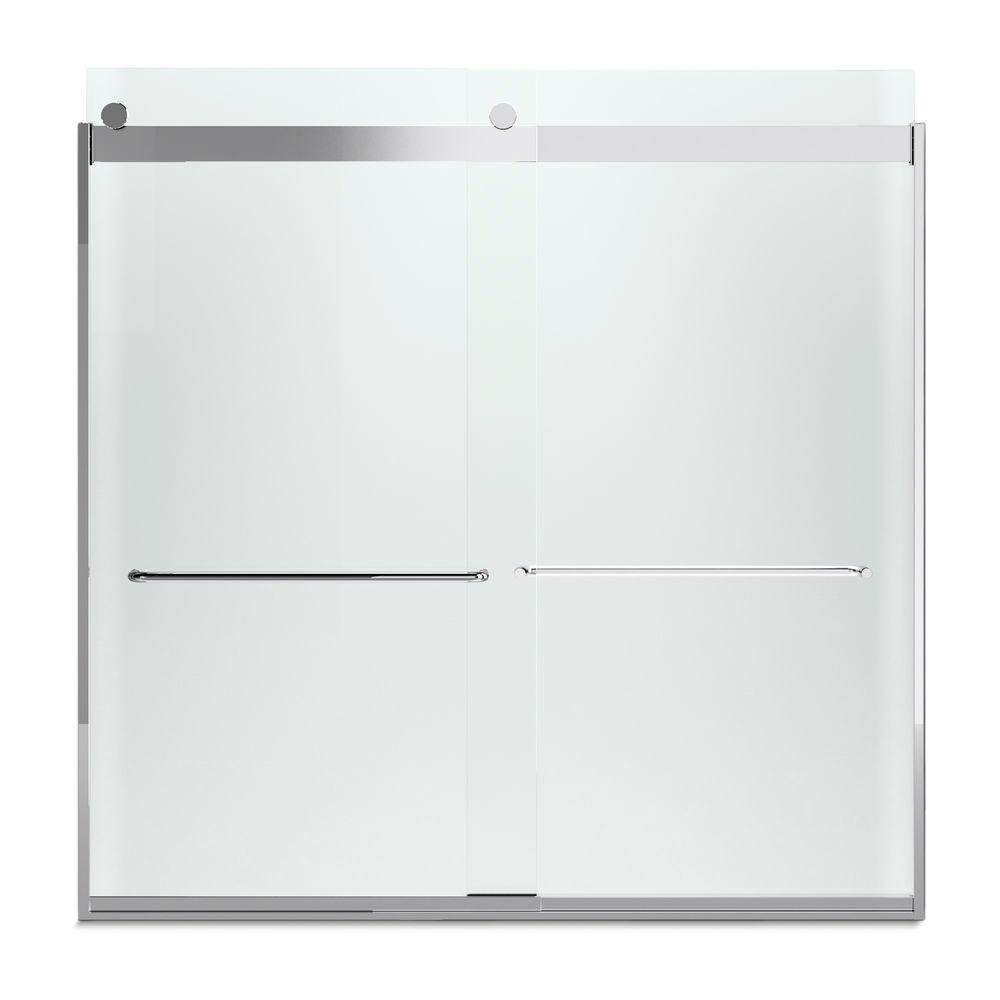 Levity 59 in. x 62 in. Semi-Frameless Sliding Tub Door in Nickel with Handle and Frosted Glass - Super Arbor