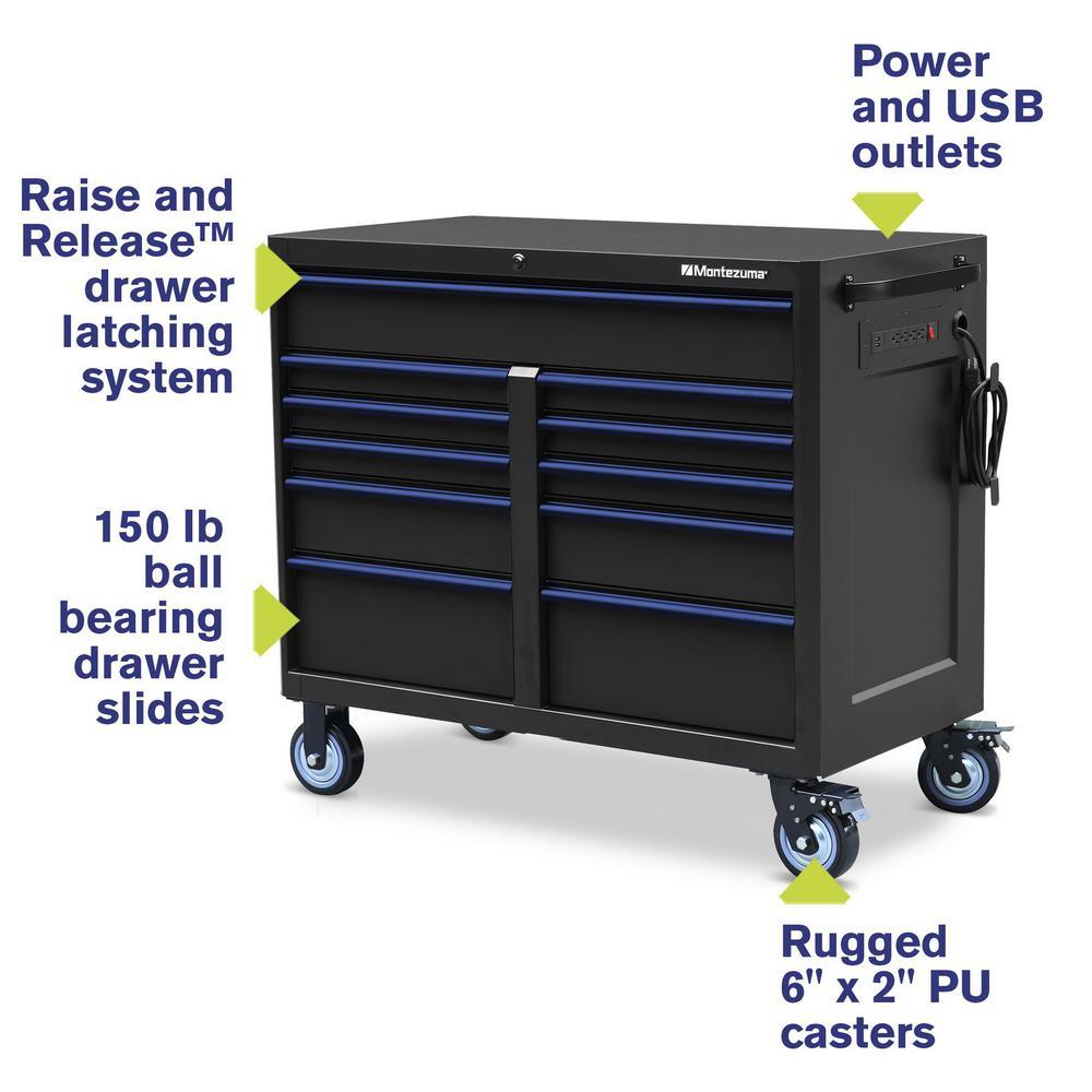 46 in. x 24 in. 11-Drawer Roller Cabinet Tool Chest with Power and USB Outlets in Black and Blue - Super Arbor