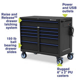 46 in. x 24 in. 11-Drawer Roller Cabinet Tool Chest with Power and USB Outlets in Black and Blue - Super Arbor