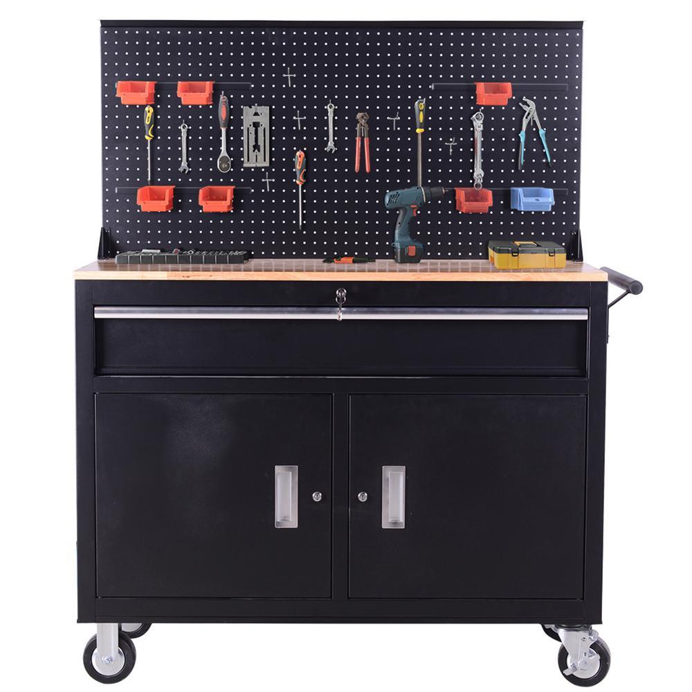 46 in. 1-Drawer Tool Chest Cabinet, Mobile Workbench Station with Pegboard in Black - Super Arbor