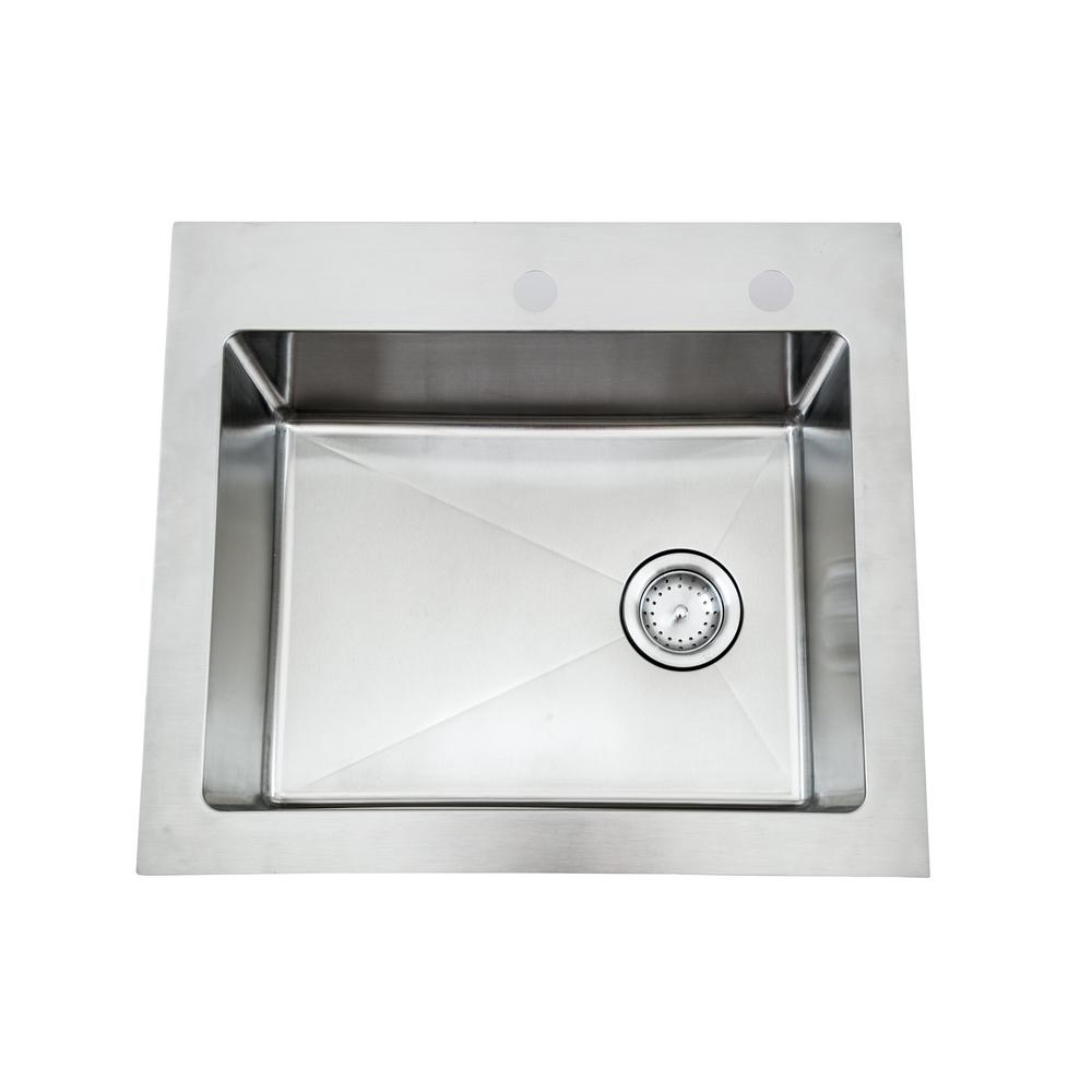 All-in-One Dual Mount Stainless Steel 25 in. 2-Hole Single Bowl Tight Radius Kitchen Sink in Brushed Finish with Faucet - Super Arbor