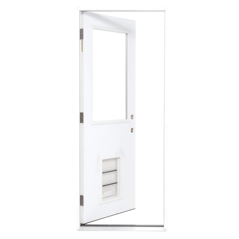 Premium Half Lite Primed White Steel Back Door 32 in. Left Hand Inswing with Extra Large Pet Door - Super Arbor