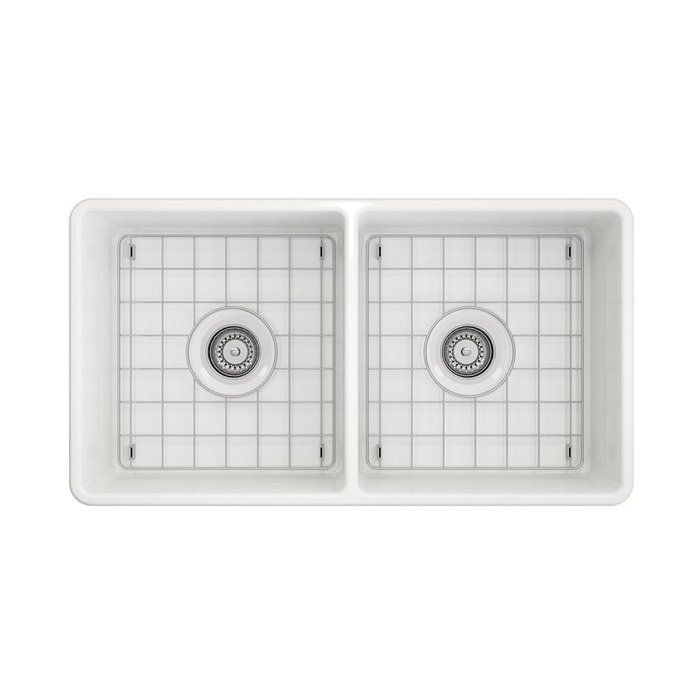 Farmhouse Apron-Front Fireclay 33 in. Double Bowl Kitchen Sink in White with Grid Set - Super Arbor