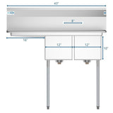 Freestanding Stainless Steel 43 in. 2-Hole Double Bowl Commercial Kitchen Sink