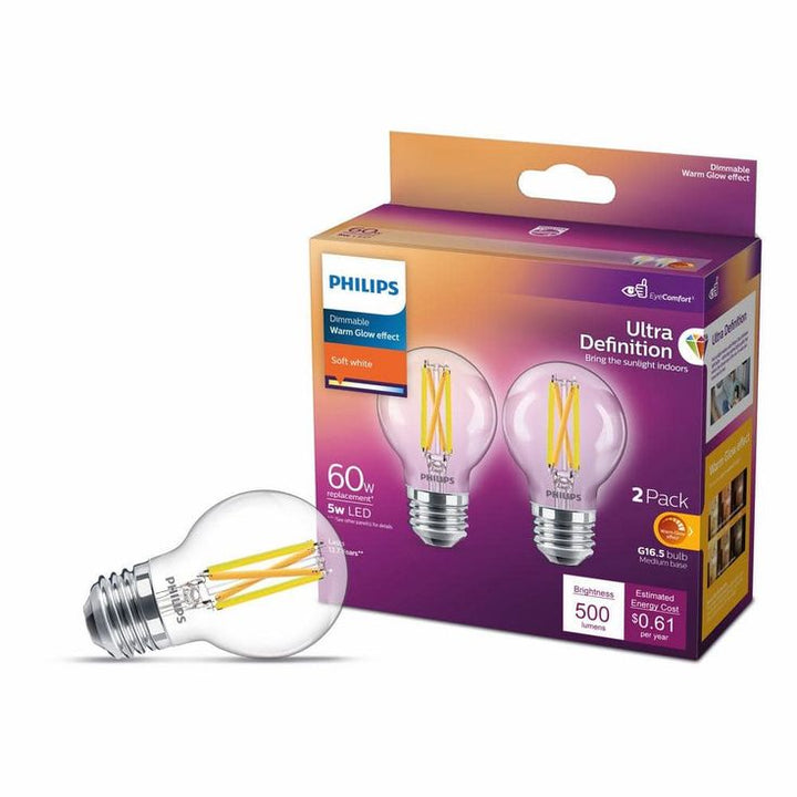 Philips 40-Watt Equivalent G16.5 Dimmable Medium Base LED Light Bulb with Warm Glow Dimming Effect Soft White (2-Pack)