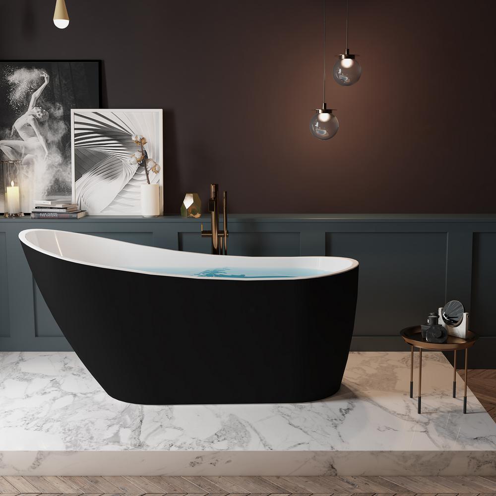 59 in. Acrylic Stand Alone Flatbottom Freestanding Bathtub in Black - Super Arbor