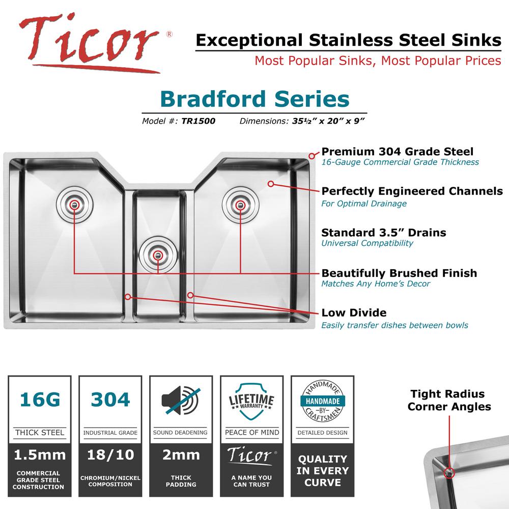 Bradford Undermount 16-Gauge Stainless Steel 35.5 in. Triple Basin Kitchen Sink with Basket Strainer - Super Arbor