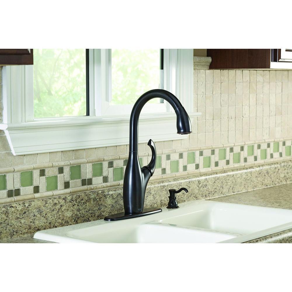 Contemporary Single-Handle Pull-Down Sprayer Kitchen Faucet with Soap Dispenser in Mediterranean Bronze - Super Arbor
