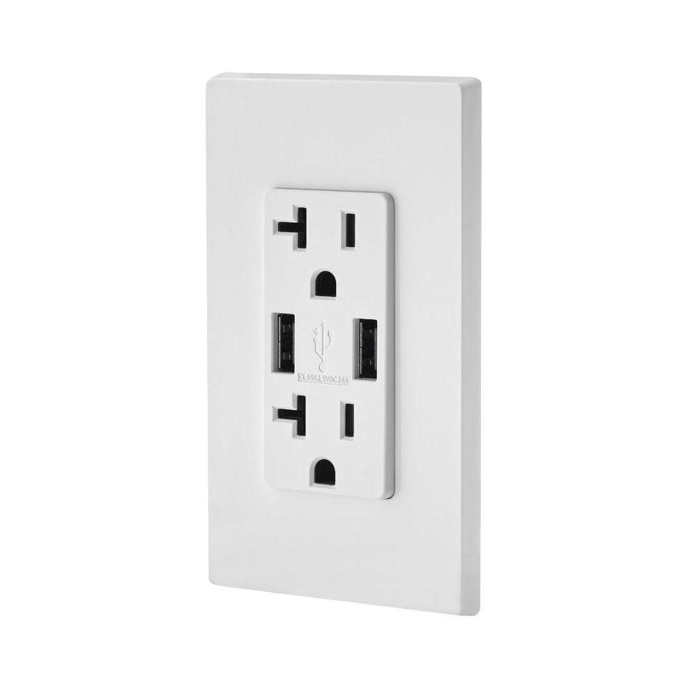 Decora 20 Amp 125-Volt Combination Duplex Outlet and USB Outlet, White - Super Arbor