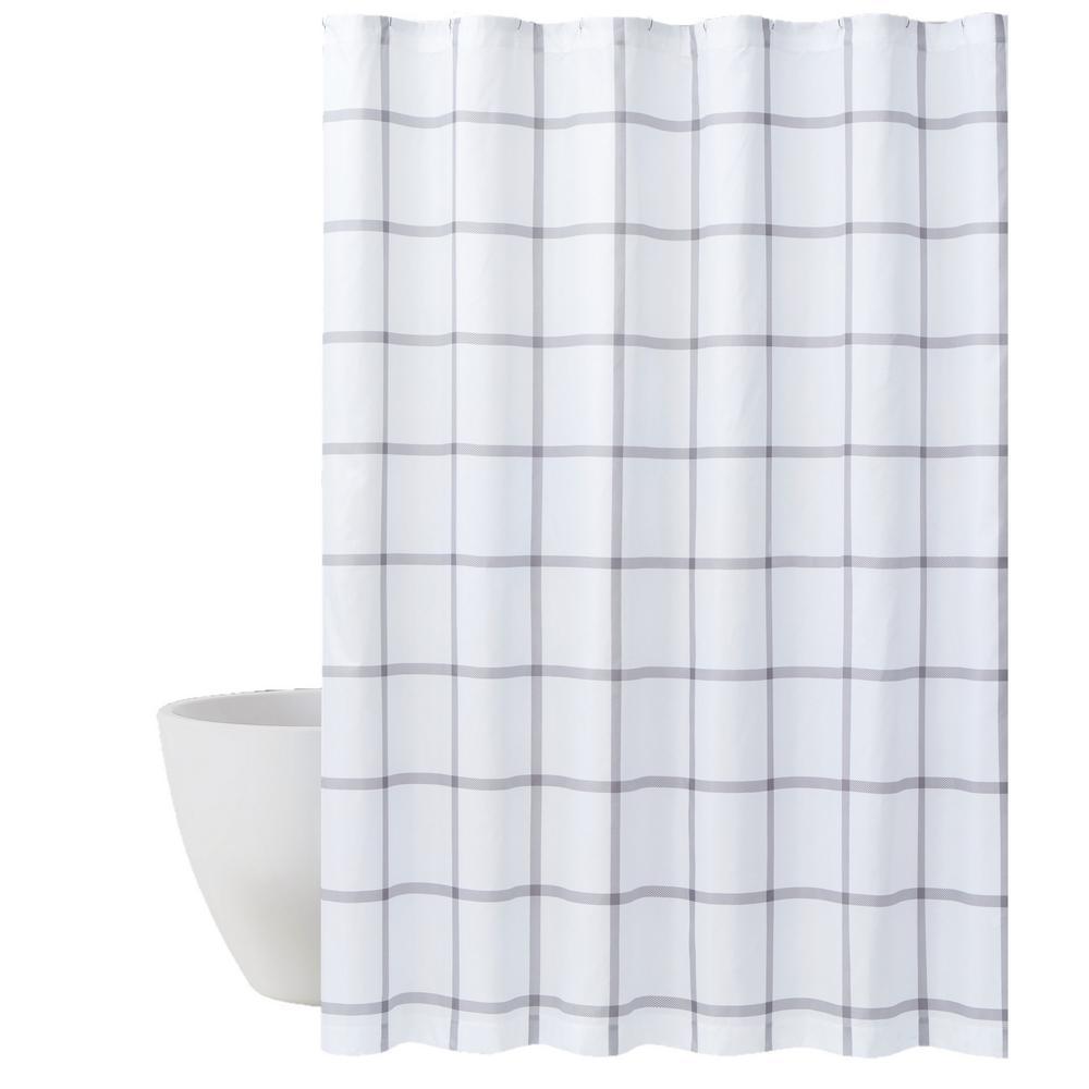 Printed Windowpane 72 in. White/Navy Shower Curtain - Super Arbor