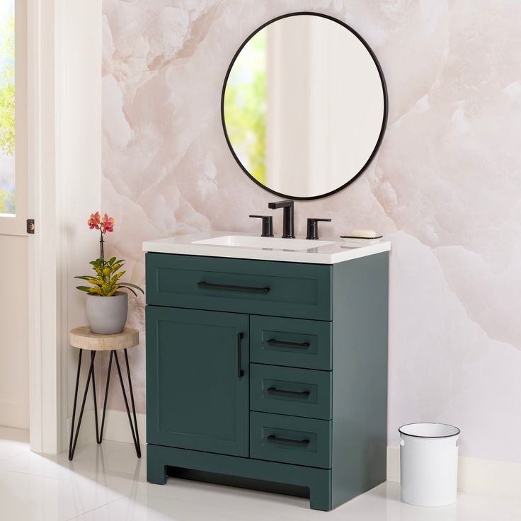 Style Selections Cauley 30-in Viridian Green Single Sink Bathroom Vanity with White Cultured Marble Top
