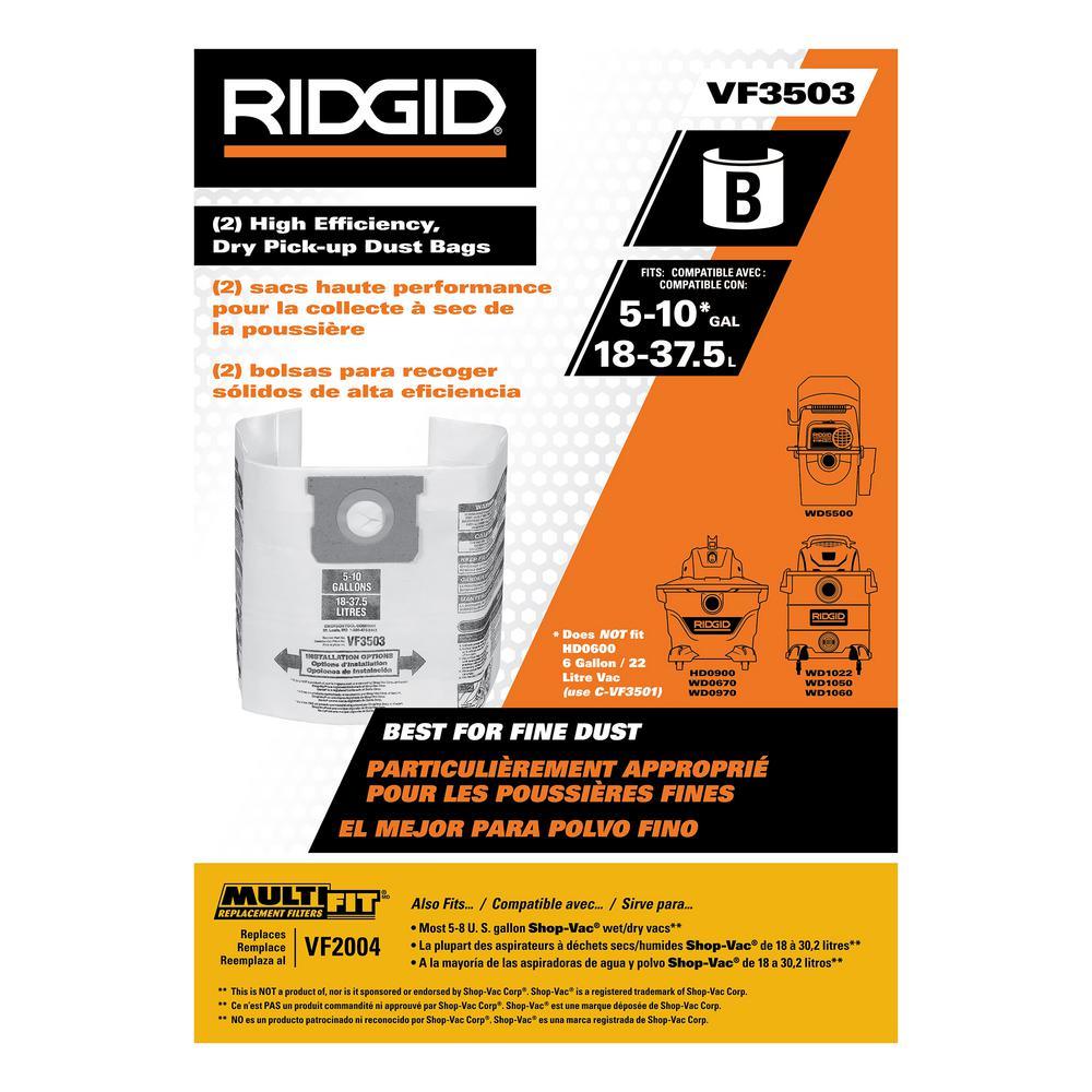 High-Efficiency Size B Dust Collection Bags for 5 to 10 Gal. RIDGID Wet/Dry Shop Vacuums, except HD06001 (2-Pack) - Super Arbor