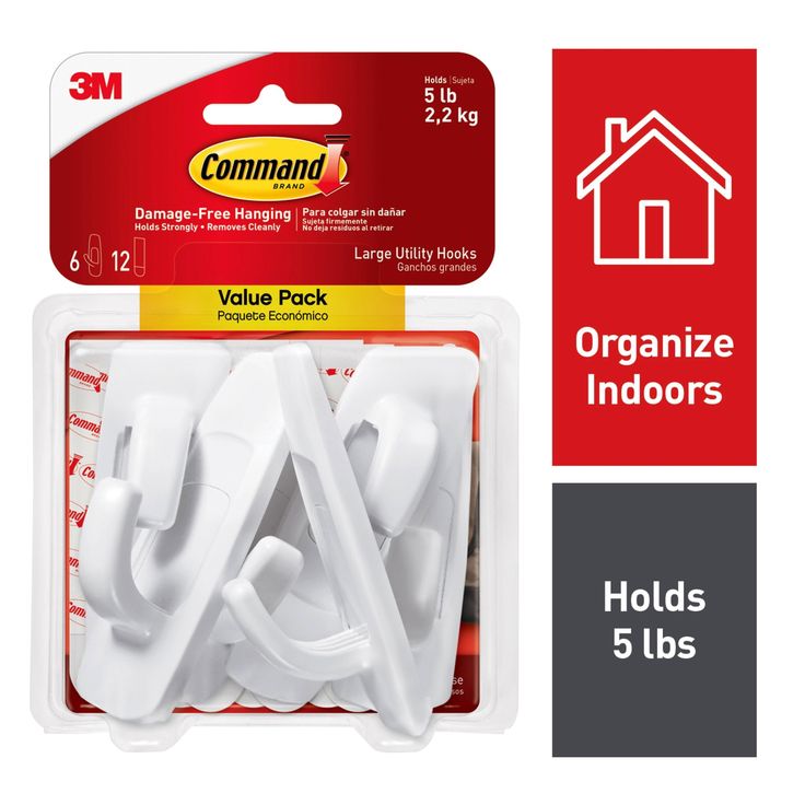 3M Command Large Utility Hooks, White, Damage-Free Indoor Organization, 6 Hooks