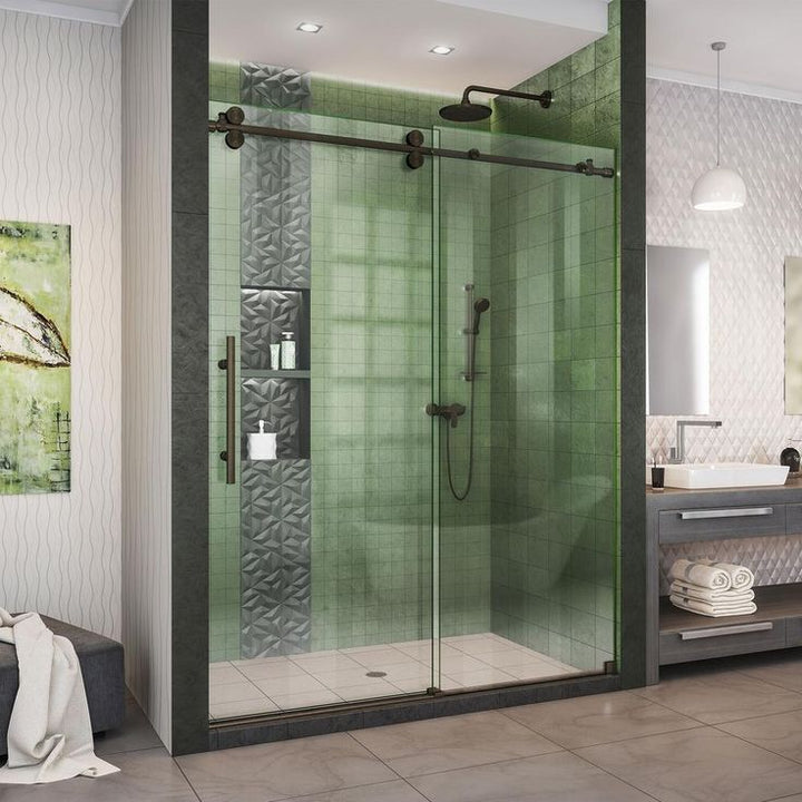 DreamLine Enigma-XO 56-60 in. W x 76 in. H Fully Frameless Sliding Shower Door, Oil Rubbed Bronze