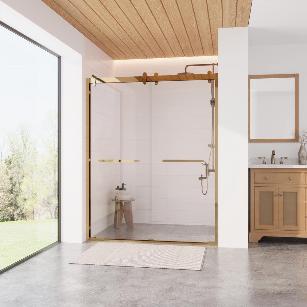DEERVALLEY 60 in. W x 76 in. H Double Sliding Framed Shower Door in Brushed Gold with 3/8 in. (10 mm) Clear Glass