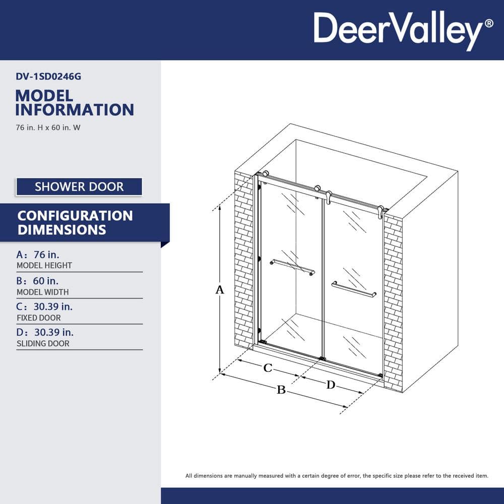 DEERVALLEY 60 in. W x 76 in. H Double Sliding Framed Shower Door in Brushed Gold with 3/8 in. (10 mm) Clear Glass