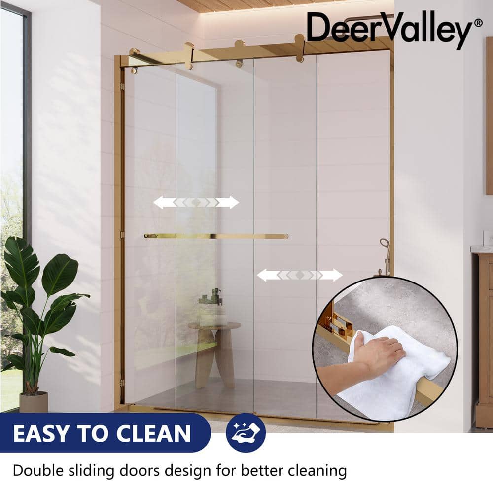 DEERVALLEY 60 in. W x 76 in. H Double Sliding Framed Shower Door in Brushed Gold with 3/8 in. (10 mm) Clear Glass