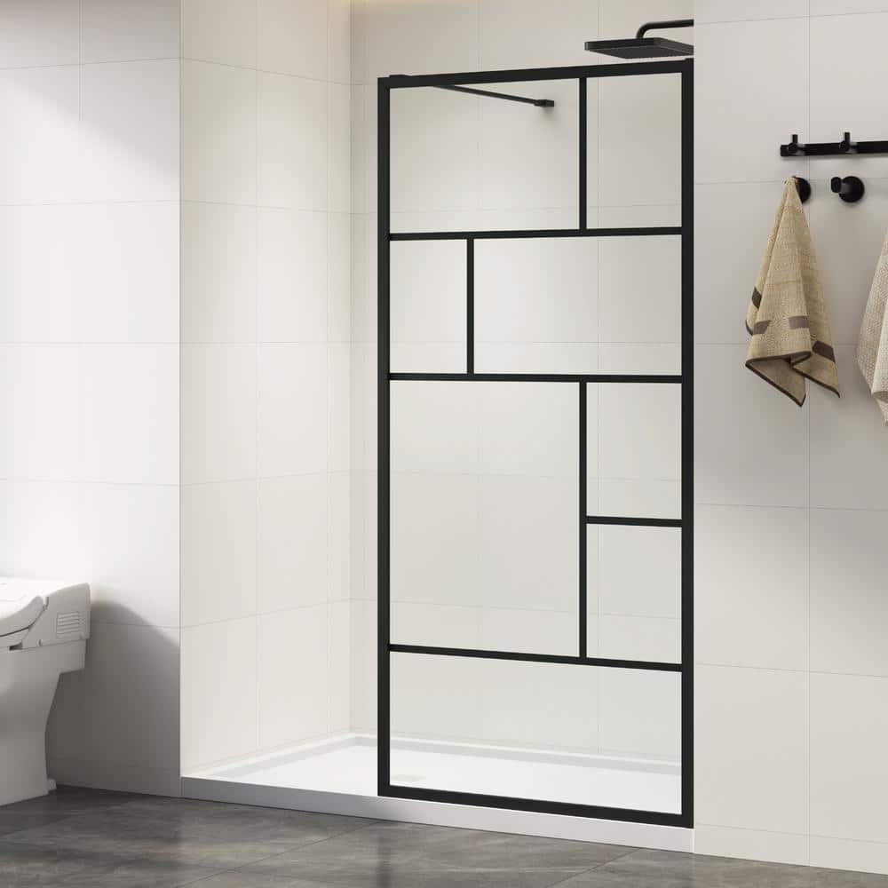 DELUXE DL LIVING LuxeSpa 36 in. W x 76 in. H Fixed Framed Grid Screen Shower Door in Matte Black with 1/4 in. Thick Clear Tempered Glass