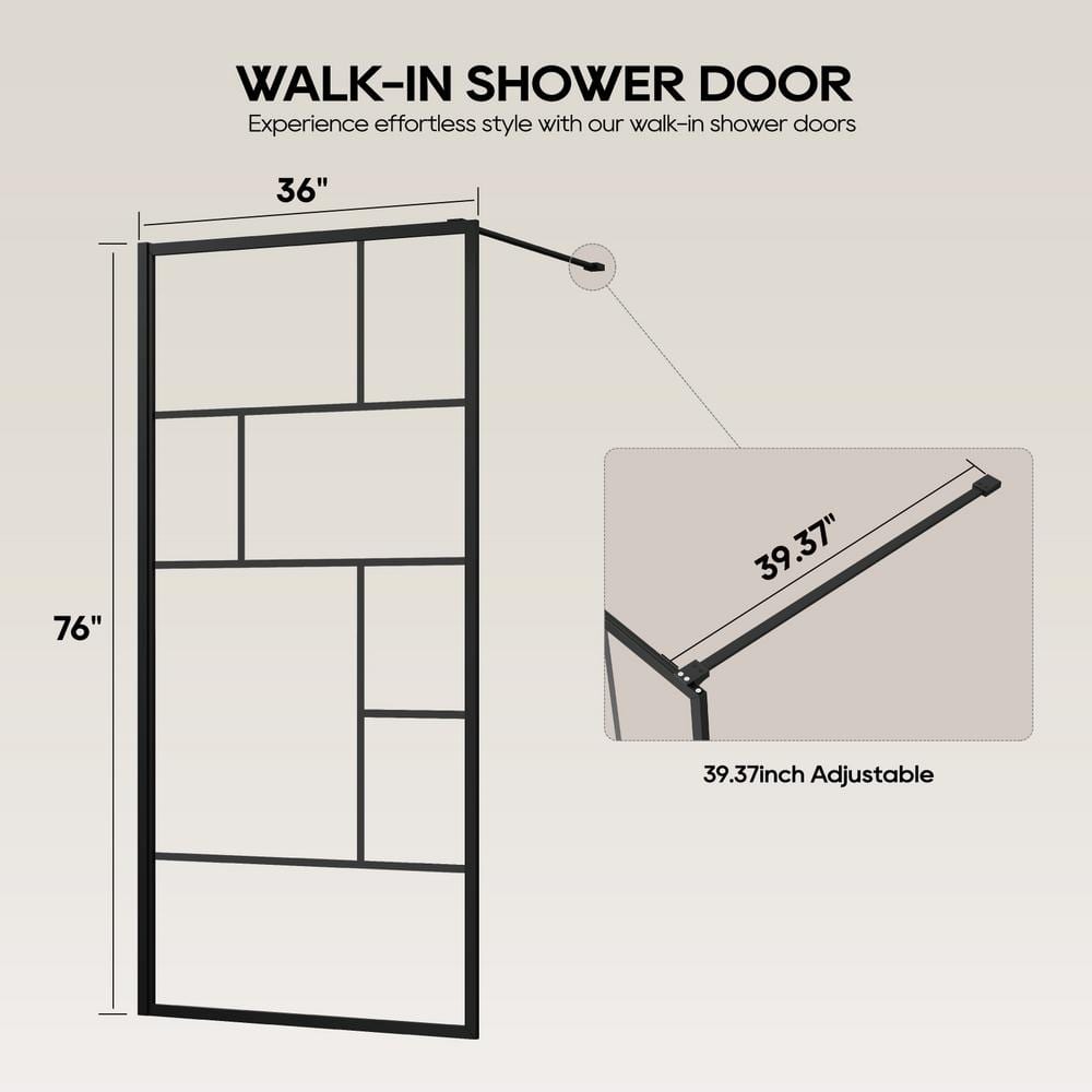 DELUXE DL LIVING LuxeSpa 36 in. W x 76 in. H Fixed Framed Grid Screen Shower Door in Matte Black with 1/4 in. Thick Clear Tempered Glass