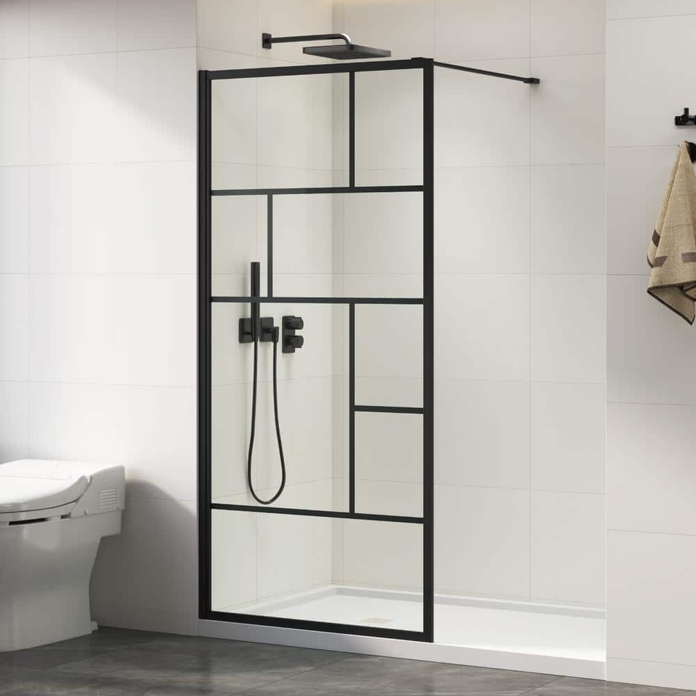 DELUXE DL LIVING LuxeSpa 36 in. W x 76 in. H Fixed Framed Grid Screen Shower Door in Matte Black with 1/4 in. Thick Clear Tempered Glass