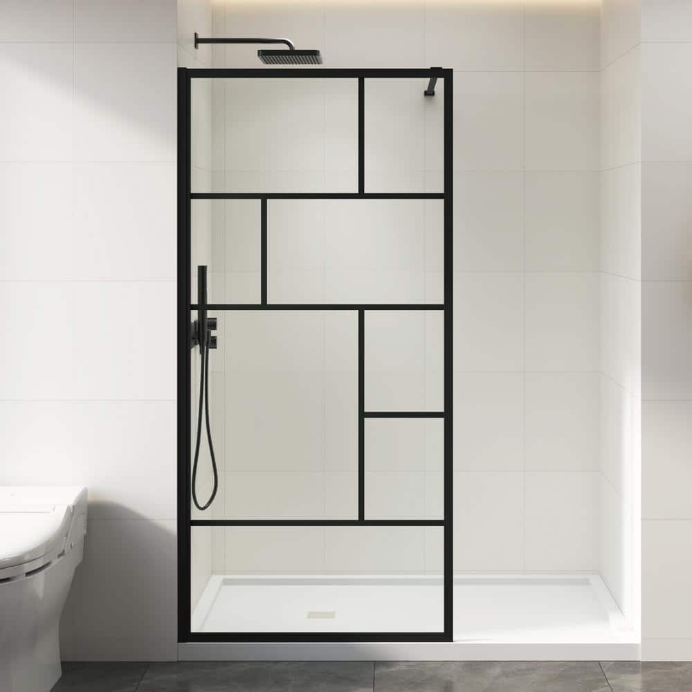 DELUXE DL LIVING LuxeSpa 36 in. W x 76 in. H Fixed Framed Grid Screen Shower Door in Matte Black with 1/4 in. Thick Clear Tempered Glass