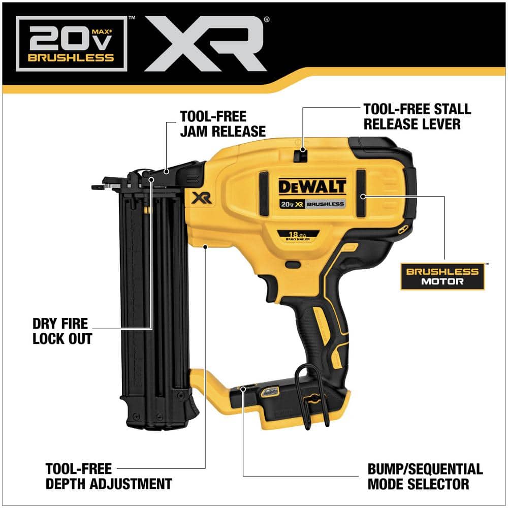 DEWALT 20V MAX XR Lithium-Ion Electric Cordless 18-Gauge Brad Nailer (Tool Only)