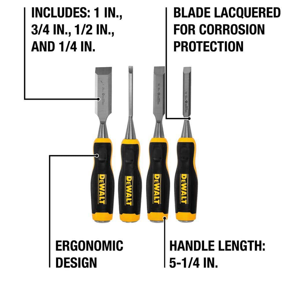 DEWALT Wood Chisel Set (4-Piece) – 1 in., 3/4 in., 1/2 in., 1/4 in.