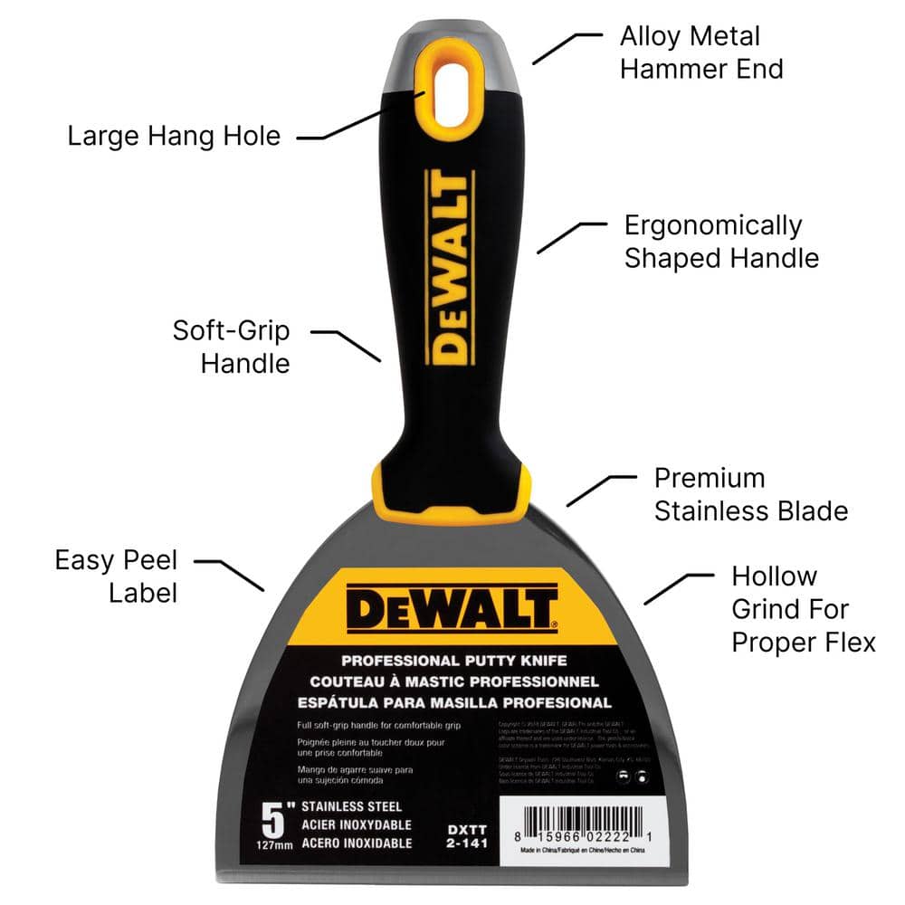 DEWALT 5 in. Stainless Steel Putty Knife with Soft Grip Handle