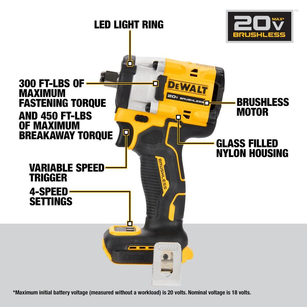 DEWALT ATOMIC 20V MAX Cordless Brushless 1/2 in. Variable Speed Impact Wrench (Tool Only)