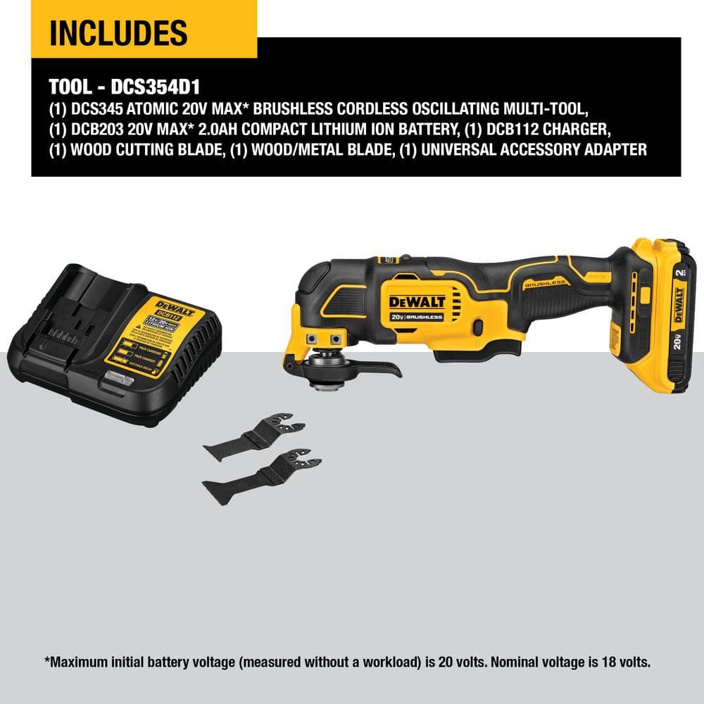 DEWALT ATOMIC 20V MAX Cordless Brushless Oscillating Multi Tool with (1) 20V 2.0Ah Battery and Charger