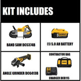 DEWALT 20V MAX Li-Ion Cordless Band Saw (Tool-Only) + 4-1/2 in. Grinder (Tool-Only) with 5Ah Battery, Charger and Kit Bag
