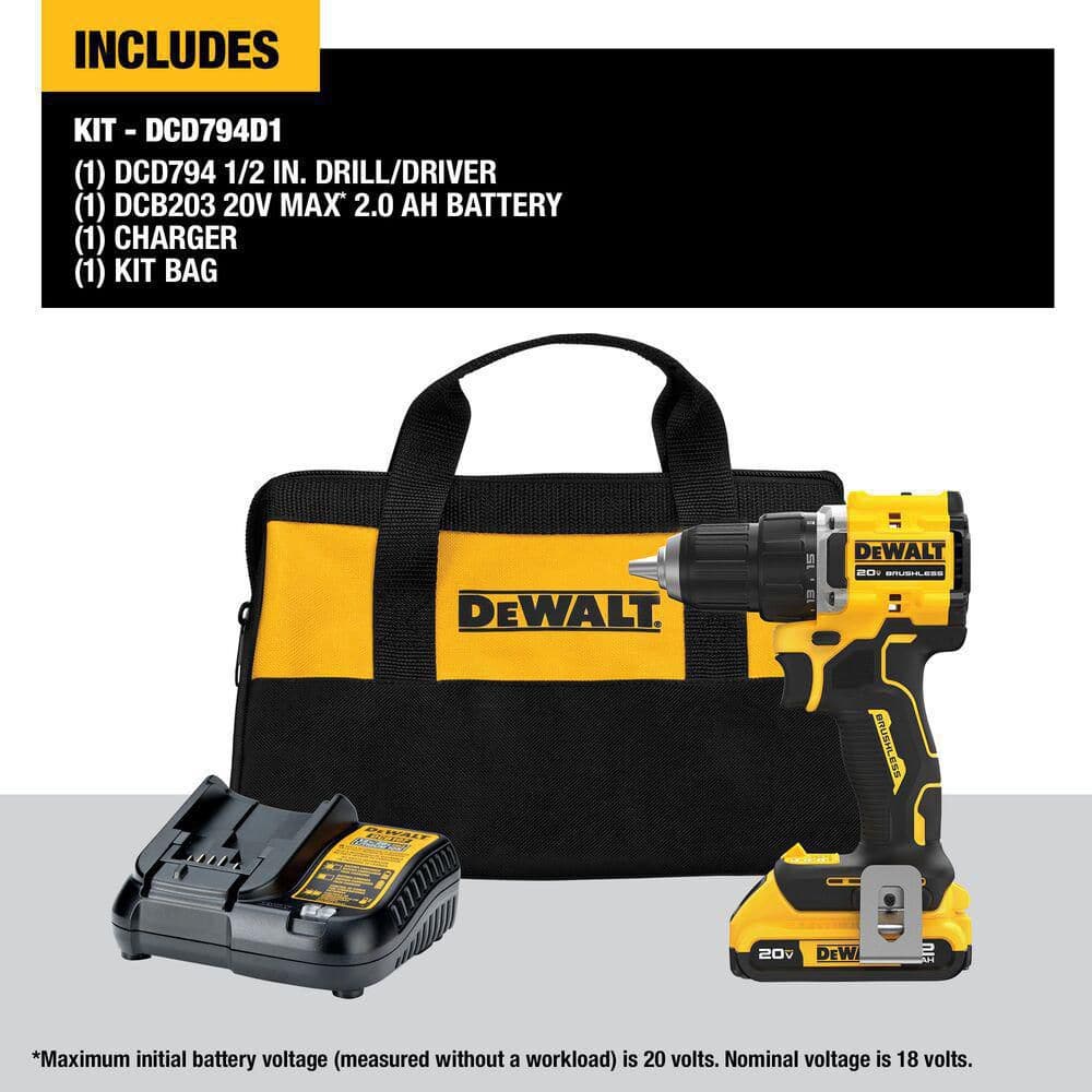 DEWALT ATOMIC 20-Volt Lithium-Ion Cordless Compact 1/2 in. Drill/Driver Kit with 2.0Ah Battery, Charger and Bag