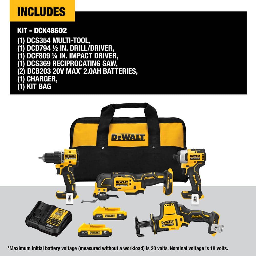 DEWALT ATOMIC 20-Volt Lithium-Ion Cordless Brushless Combo Kit (4-Tool) with (2) 2.0Ah Batteries, Charger and Bag