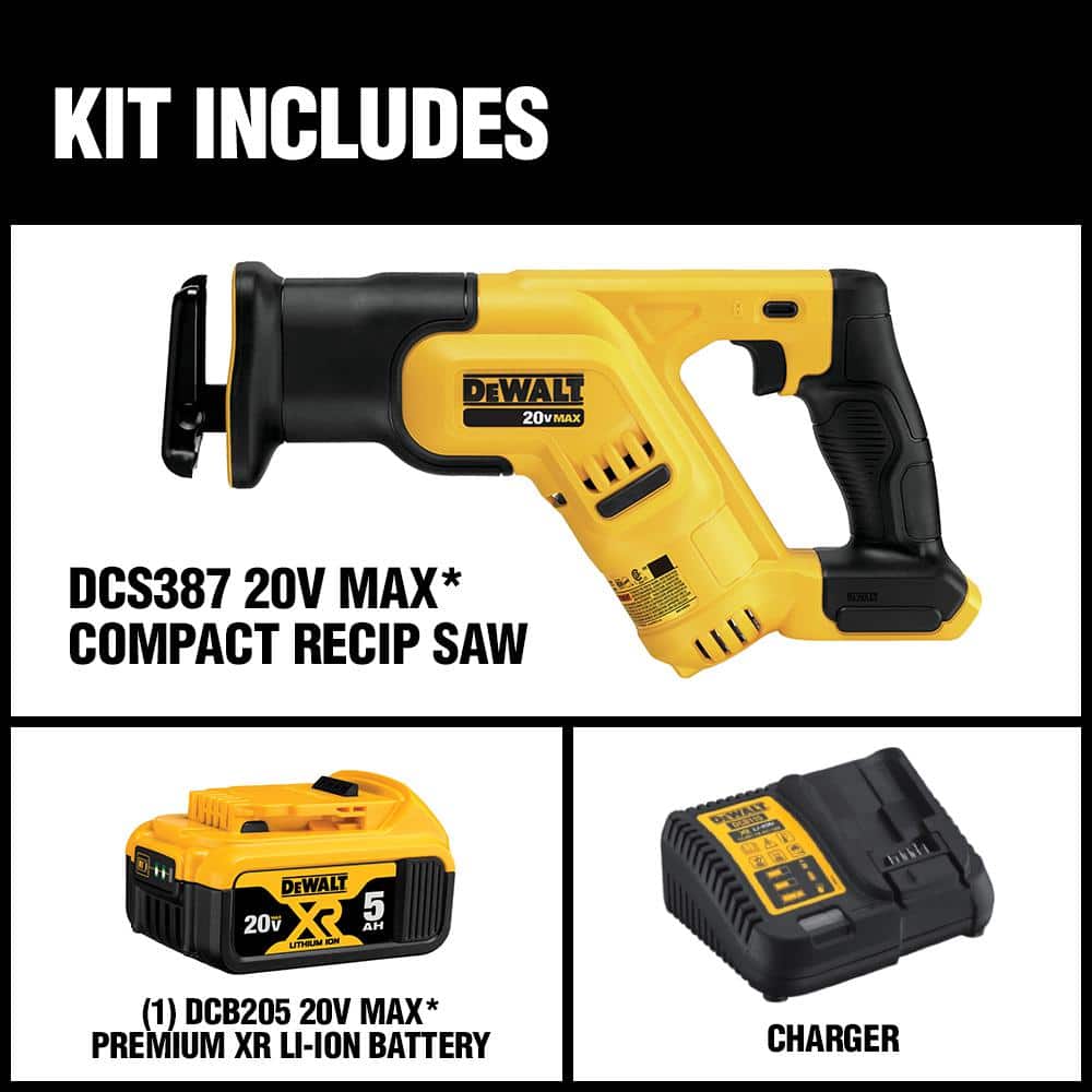 DEWALT 20V MAX Lithium-Ion Cordless Compact Reciprocating Saw Kit with 5Ah Battery, Charger and Contractor Bag