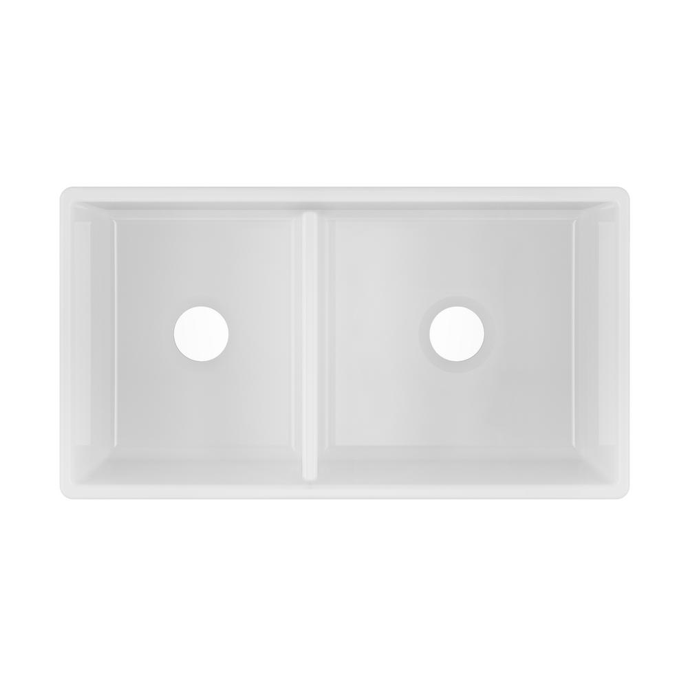 Farmhouse Apron Front Fireclay 33 in. 40/60 Double Bowl Kitchen Sink in White with Grids and Strainers - Super Arbor