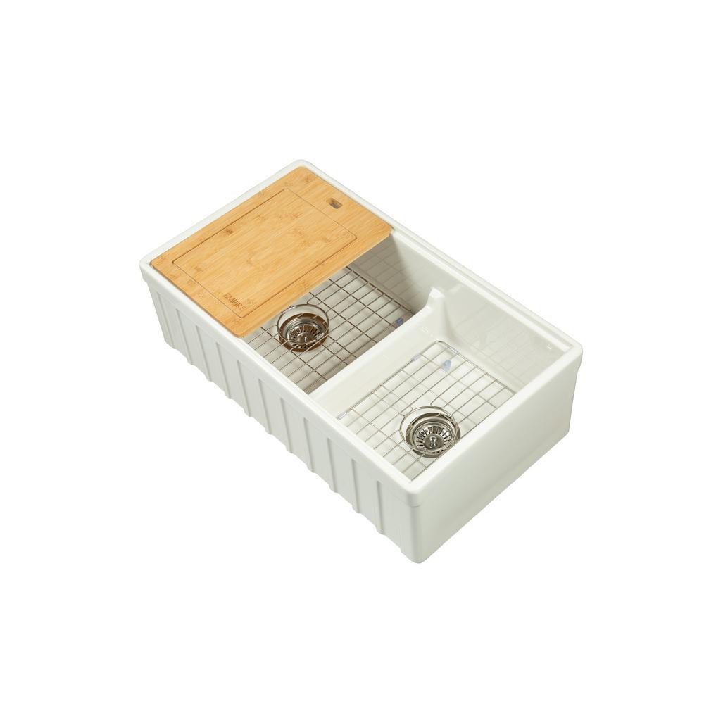 Yorkshire Farmhouse Fireclay 33 in. 55/45 Double Bowl Kitchen Sink with Cutting-Board, Grid and Strainer in White - Super Arbor