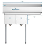 Freestanding Stainless Steel 43 in. 2-Hole Double Bowl Commercial Kitchen Sink
