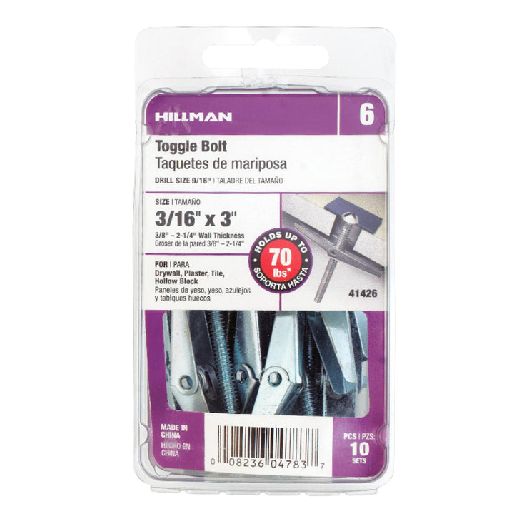 Hillman 3/16 in. Diameter x 3 in. Length Round Steel Toggle Bolt, Zinc-Plated, 10 Pack