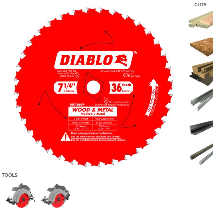 Diablo Carbide Saw Blade for Wood & Metal 7-1/4" 36 Teeth