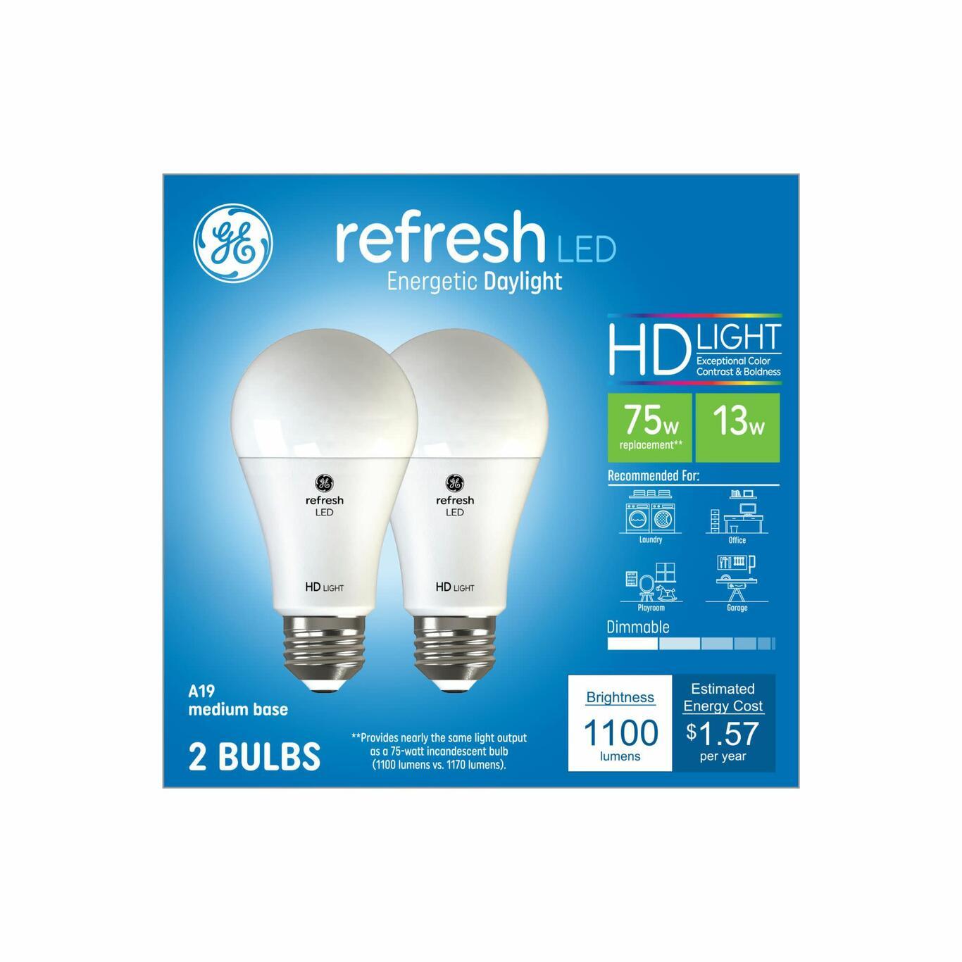 GE Refresh HD LED A19 Light Bulbs, 75W Replacement (13W), Daylight, Dimmable, Medium Base, 2-Pack