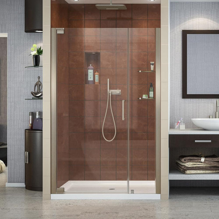 DreamLine Elegance 46 in. to 48 in. W x 72 in. H Semi-Frameless Pivot Shower Door with Shelves in Brushed Nickel