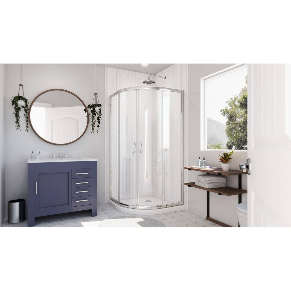 DreamLine Prime 33 in. x 33 in. x 74.75 in. Corner Semi-Frameless Sliding Shower Enclosure in Chrome with White Shower Base
